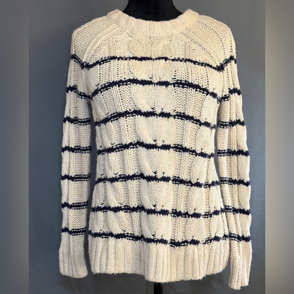 J. Jill Cream & Navy Striped Crew Pullover Preppy Cable Knit Raglan Sweater XS